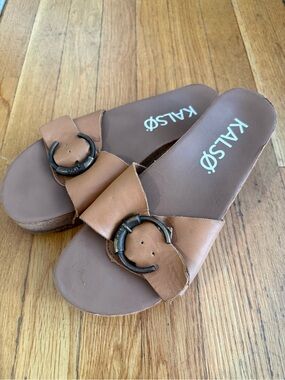 Kalso Cognac Leather Slide Sandals with Buckle